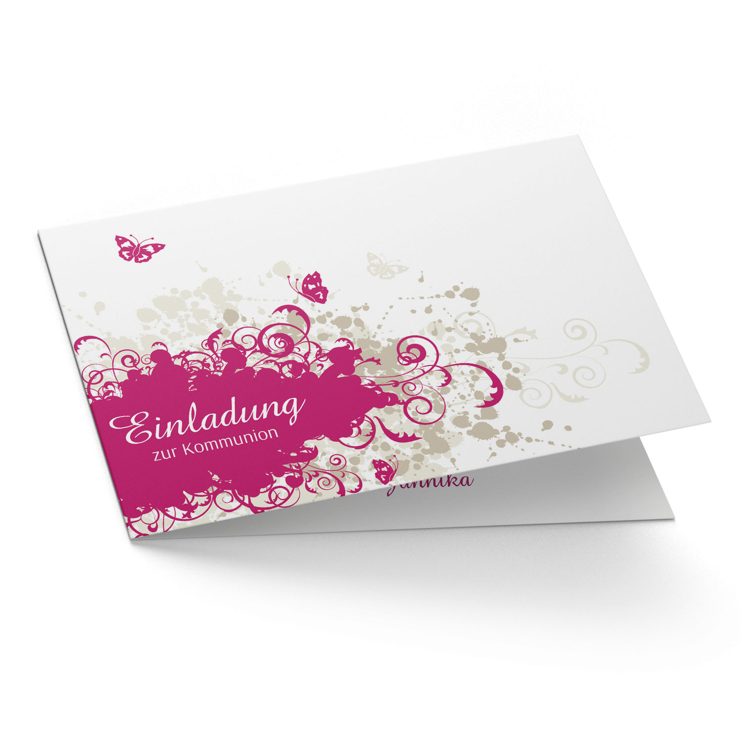 Einladung Kommunion Butterfly Pink, Klappkarte 170x110