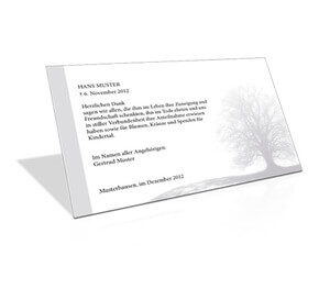 Dankeskarte Trauer Baum mit Trauerrand Grau